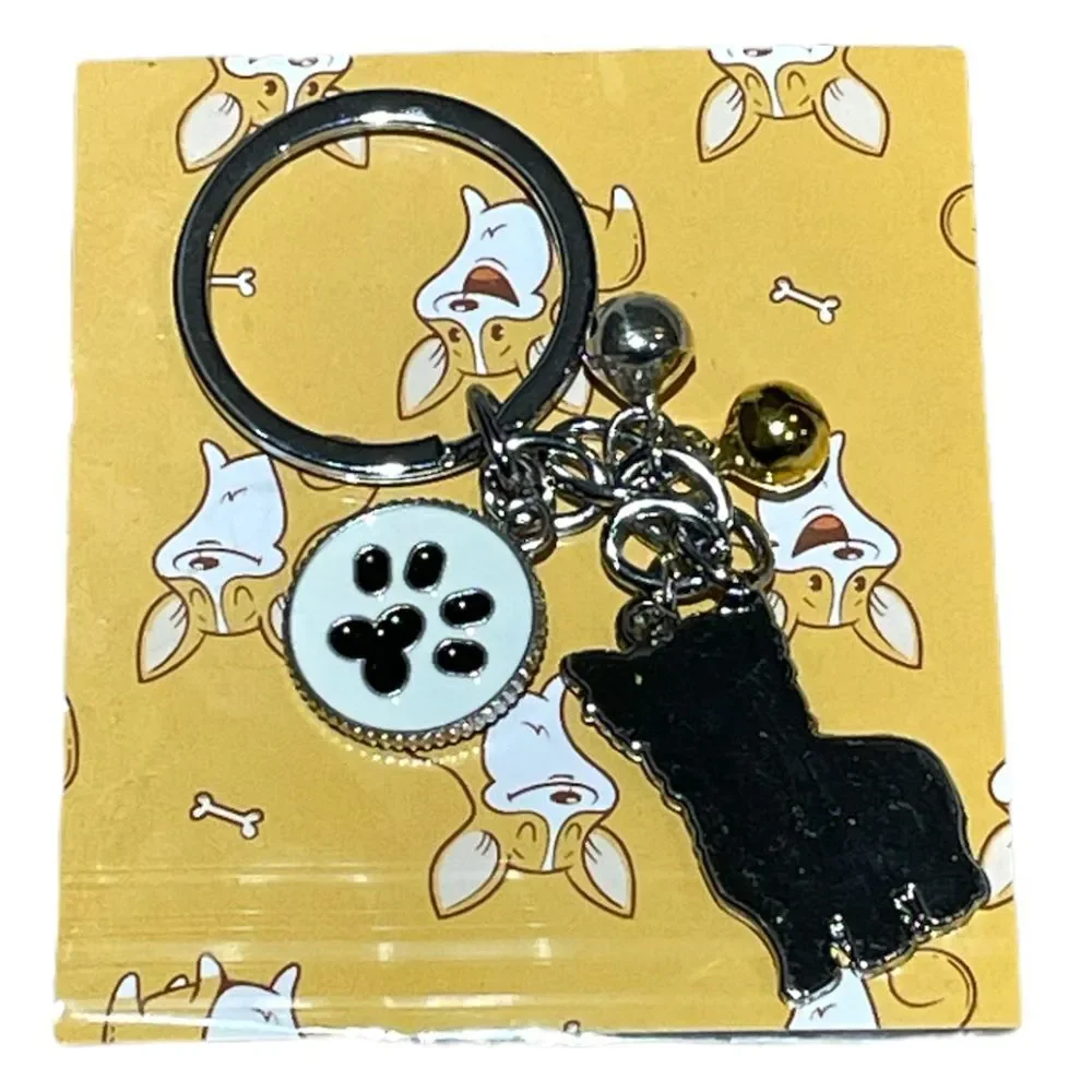 Yorkie and Bells Pet Keychain Silver Brown Black